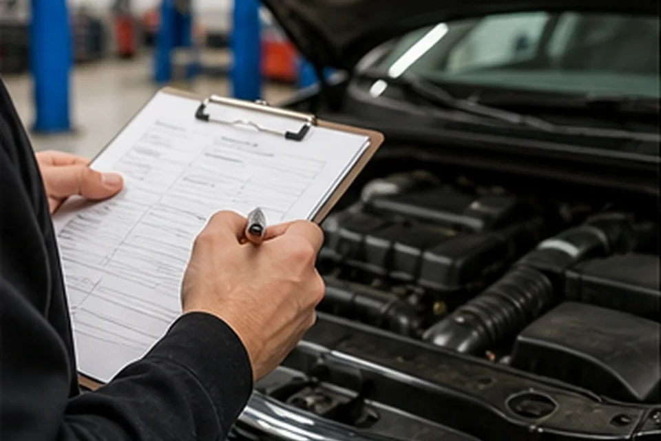 Technician documenting a vehicle inspection with the hood open