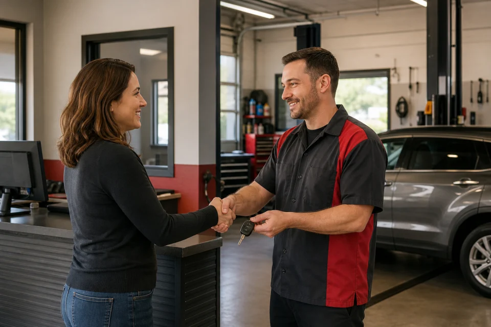 Service advisor handing vehicle keys back to a customer